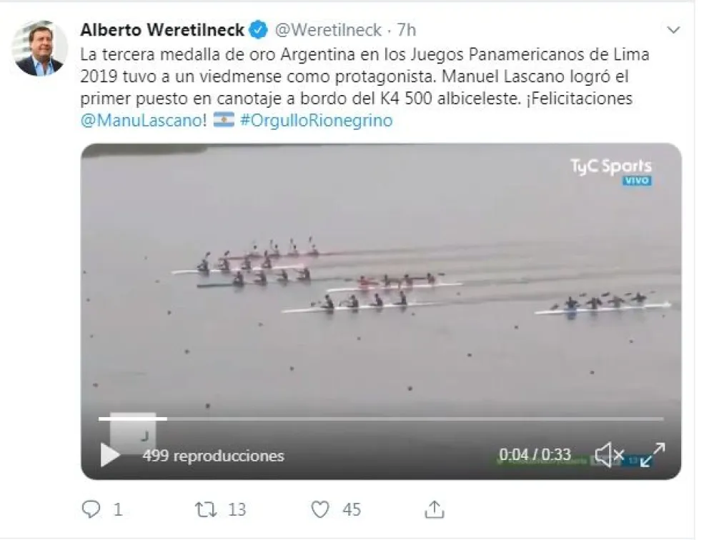 Weretilneck felicitó a Manu Lascano