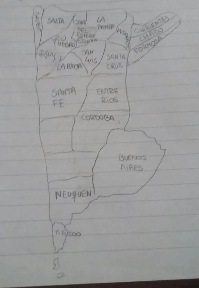 Alumna dibujó un mapa de Argentina y ubicó a Río Negro al norte