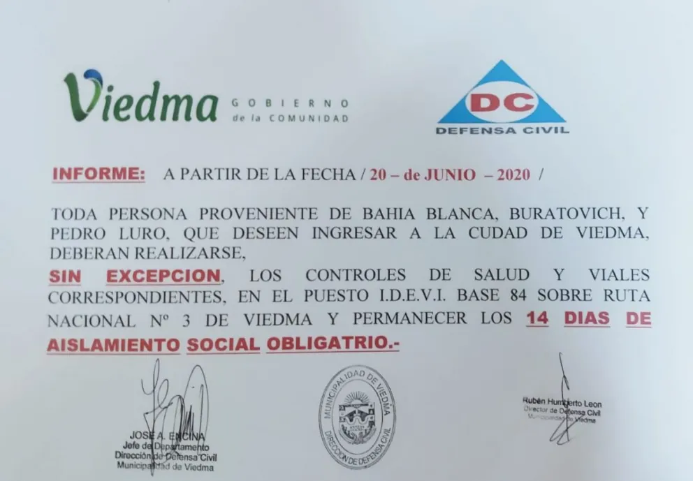 Provenientes de Bahía,Buratovich y Luro con cuarentena de 14 días