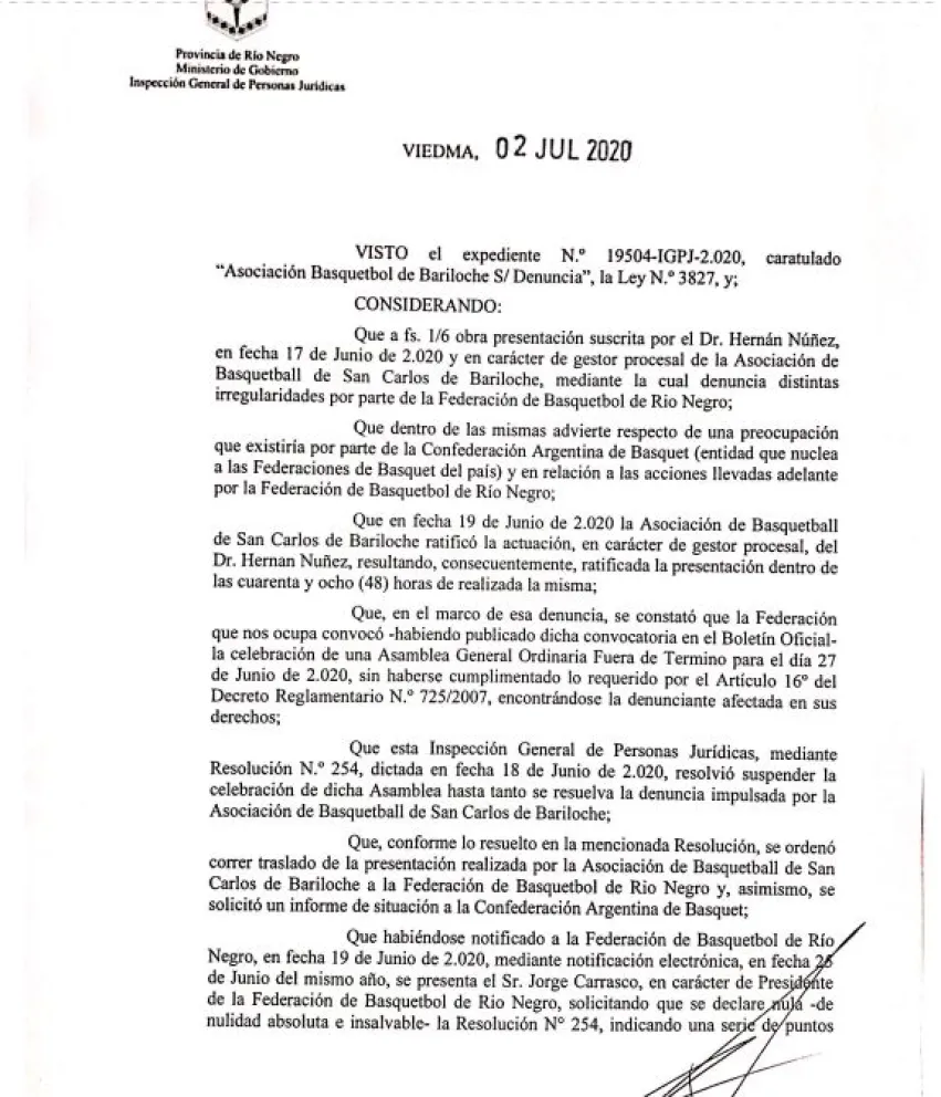 La Federación de Básquet de Río Negro fue intervenida