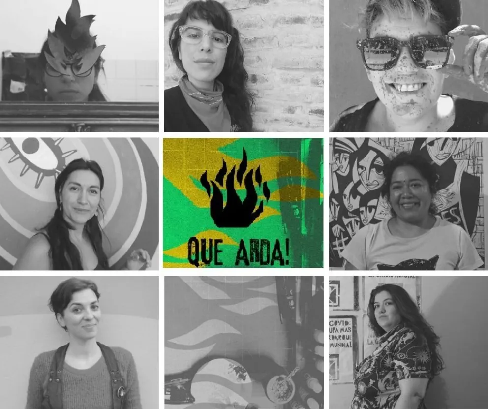 En la pegatina: QUE ARDA! "compartimos la fuerza feminista"