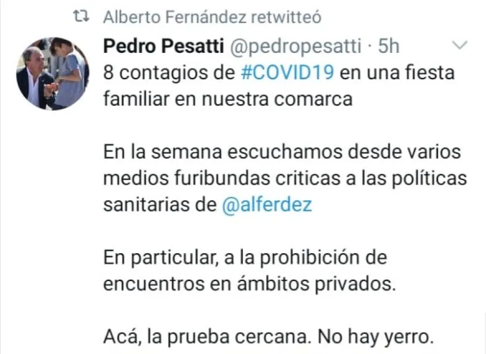 Alberto Fernández compartió un mensaje de Pedro Pesatti