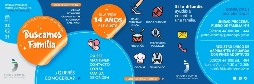 Convocan a personas para adoptar a una adolescente de 14 años de Viedma