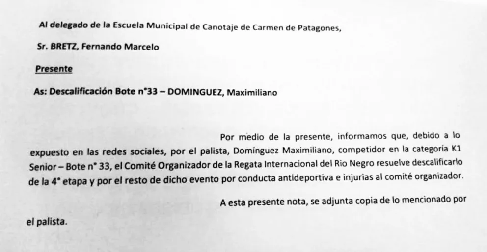 Regata del río Negro: durísimo descargo de Maxi Domínguez tras ser descalificado