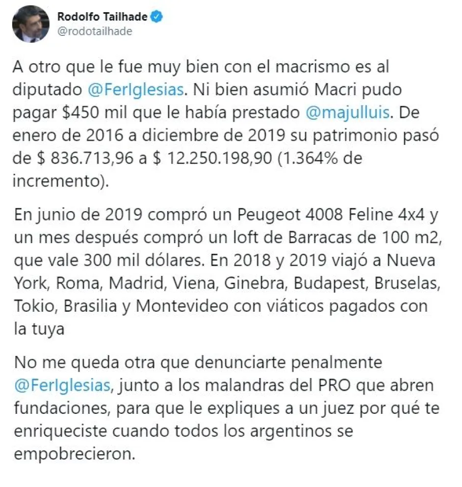 Grave denuncia por enriquecimiento ilícito a Fernando Iglesias