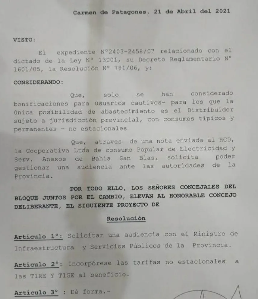 Solicitan incorporar tarifas eléctricas de Bahía San Blas al subsidio patagonico