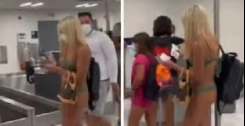 Video: fue a tomar un avión en bikini, pero con barbijo puesto