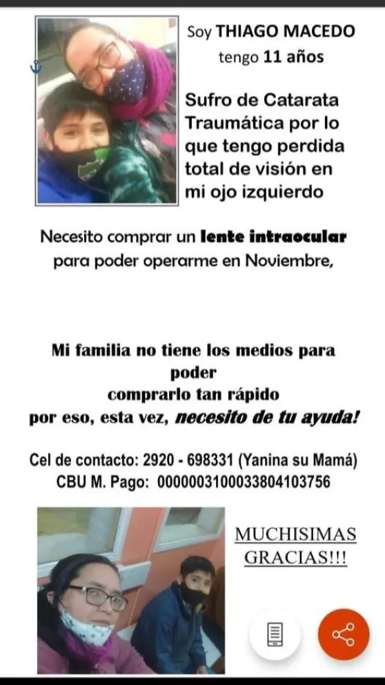 Thiago perdió la visión de un ojo y necesita operarse en Capital Federal