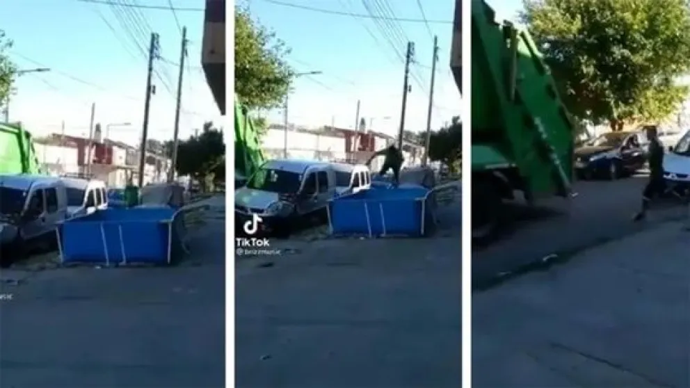 Video: Mirá cómo un recolector de basura se refresca en una pileta, en medio de su recorrido