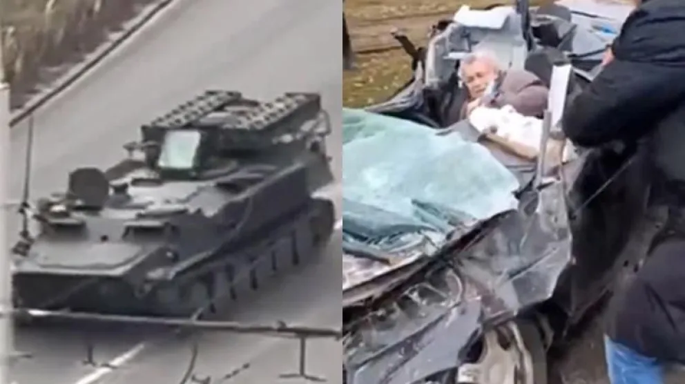 Video: el momento en que un tanque ruso aplasta un auto con una persona dentro