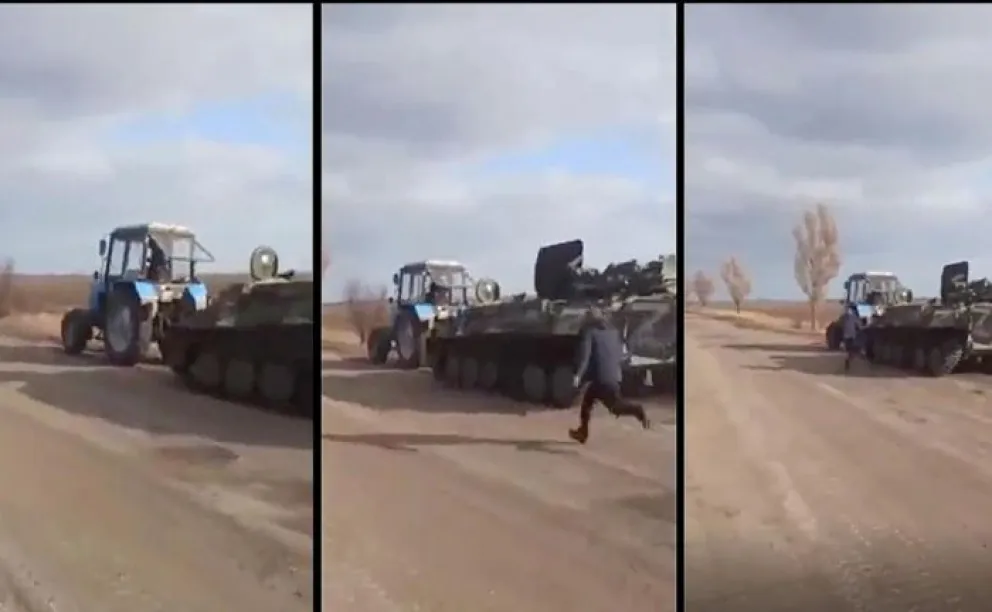 Video: un granjero ucraniano se robó un tanque ruso usando su tractor